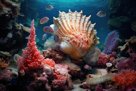 mollusk in shell amidst coral reef underwater, created with generative aiの素材