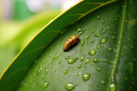 close-up of a monarch caterpillar on a milkweed leaf, created with generative aiの素材
