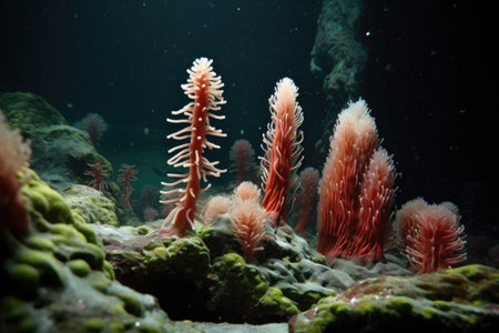 hydrothermal vent tube worms swaying in current, created with generative aiの素材