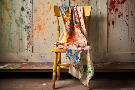 artistic inspiration: paint-splattered apron on a chair, created with generative aiの素材