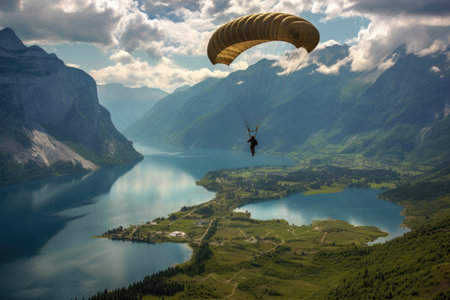 parachute deploying above a picturesque landscape, created with generative aiの素材