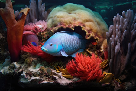 parrotfish nestled in coral, surrounded by cocoon, created with generative aiの素材