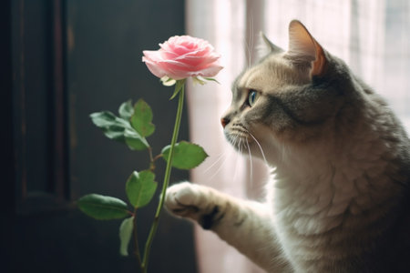 cat gently touching a flower with its nose indoors, created with generative aiの素材