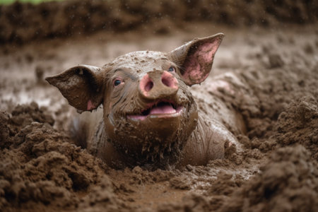 close-up of a pig happily rolling in mud, created with generative aiの素材