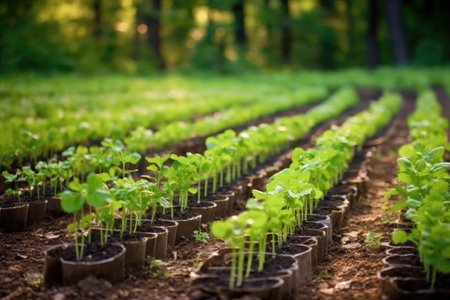 rows of young seedlings in a garden, created with generative aiの素材