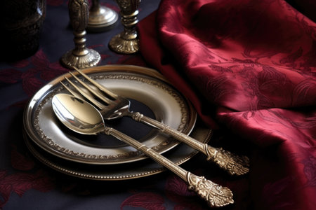 elegant silverware set displayed on velvet cloth, created with generative aiの素材