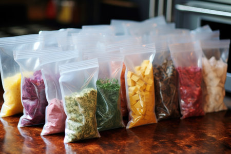 freezer bags filled with prepped smoothie ingredients, created with generative aiの素材