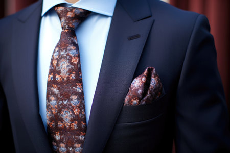 elegant tie and pocket square on a suit jacket, created with generative aiの素材