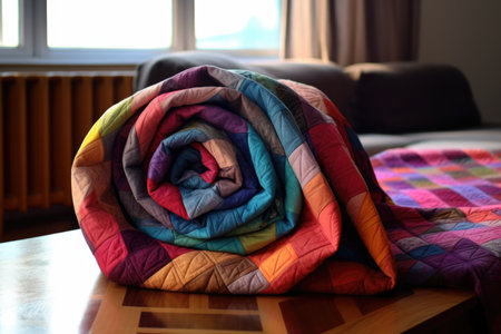 quilted blanket folded neatly on a bed, created with generative aiの素材