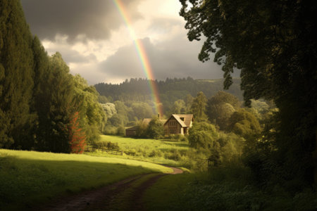 rainbows end near a lush green landscape, created with generative aiの素材