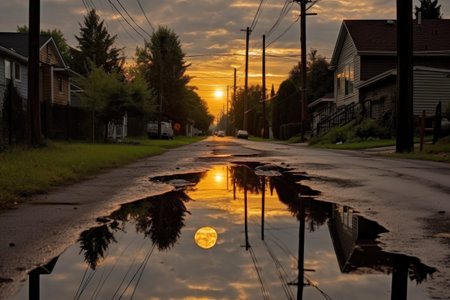 partial eclipse mirrored in a puddle after rain, created with generative aiの素材
