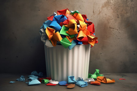 recycling symbol on a bin filled with paper waste, created with generative aiの素材
