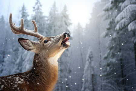 a deer, nose wrinkled mid-sneeze, against a backdrop of a snowy forest, created with generative aiの素材