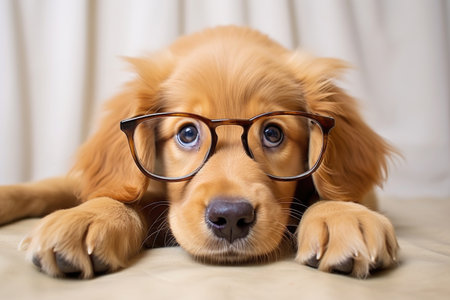 a golden retriever puppy chewing on a pair of spectacles, created with generative aiの素材