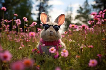 a bunny with pink glasses in a field of flowers, created with generative aiの素材