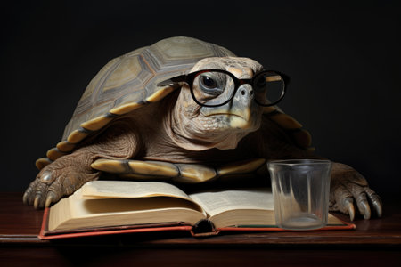 a tortoise with a pair of reading glasses resting on its shell, created with generative aiの素材