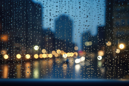 close-up shot of raindrops on a window with city lights bokeh in the background, created with generative aiの素材