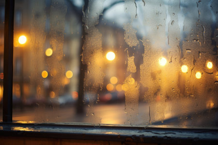 bokeh effect on city street lights through a frosty window in winter, created with generative aiの素材