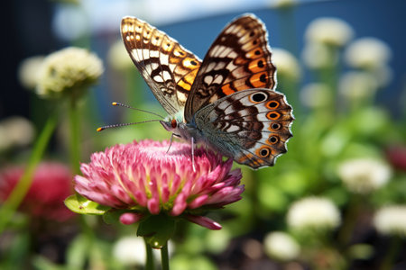a butterfly resting on a blooming clover flower, created with generative aiの素材