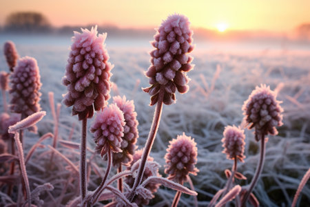 clover flowers covered in frost during early morning, created with generative aiの素材