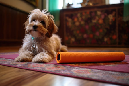 a yoga mat on a hardwood floor with a dogs chew toy lying on it, created with generative aiの素材