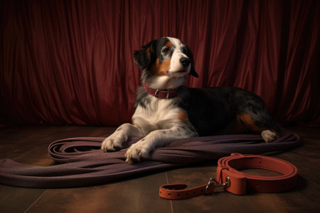 a dogs leash and collar resting on a yoga mat, created with generative aiの素材
