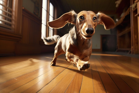 a dachshund on a wooden floor, in mid-turn, chasing its tail, created with generative aiの素材