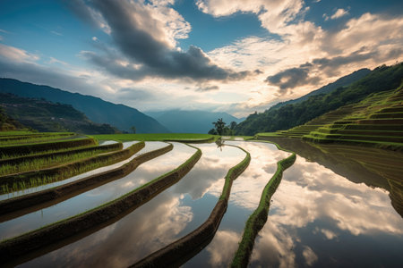 stepped rice terraces reflecting the sky, created with generative aiの素材