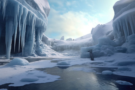 ice-covered alien terrain with frozen geysers, created with generative aiの素材