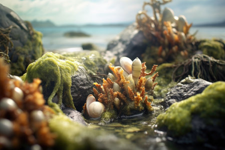 macro view of barnacles feeding on seaweed, created with generative aiの素材