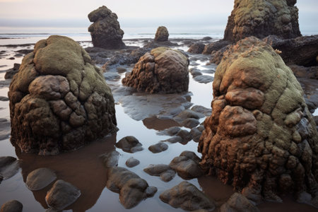 barnacle-covered rocks at low tide, created with generative aiの素材