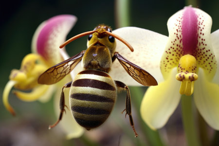 macro shot of bee orchids unique mimicry patterns, created with generative aiの素材