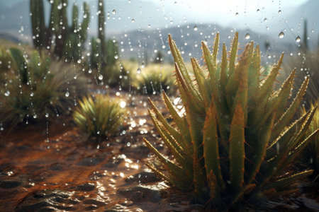 rain-soaked desert plants with water droplets glistening, created with generative aiの素材