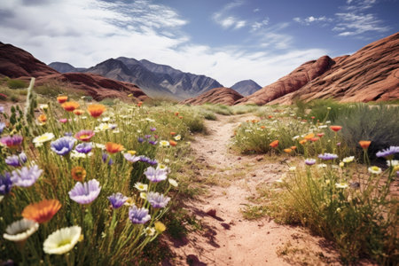 wide-angle shot of desert hills covered in blooming flowers, created with generative aiの素材