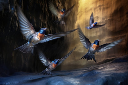 cave swallows in flight, showcasing their iridescent feathers, created with generative aiの素材