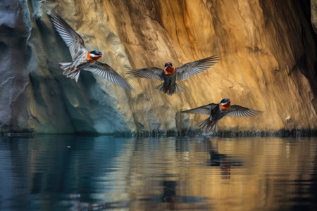 cave swallows in flight, reflecting on water, created with generative aiの素材