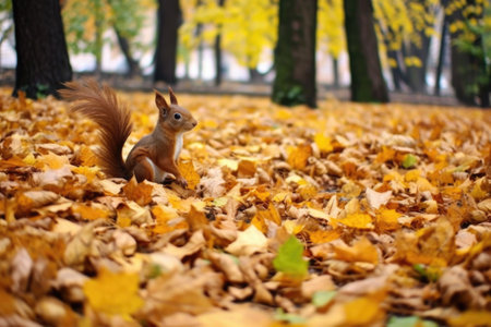 squirrel foraging among scattered leaves in the park, created with generative aiの素材
