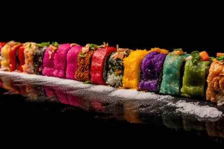 sushi rolls with colorful ingredients in a row, created with generative aiの素材