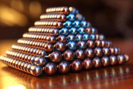ball bearings stacked in triangle formation, focus on top, created with generative aiの素材