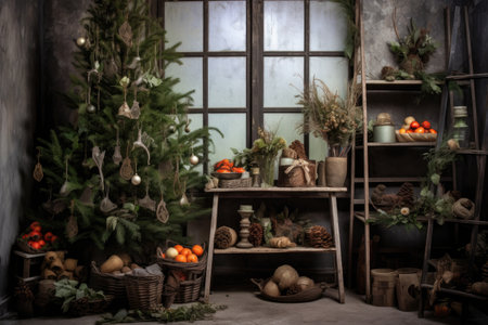 christmas tree with rustic and natural decorations, created with generative aiの素材