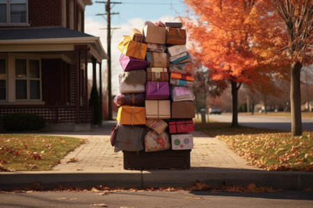 stack of parcels waiting at a mailbox near a walkway, created with generative aiの素材