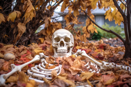 bone hidden under fallen autumn leaves in yard, created with generative aiの素材
