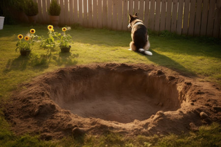 freshly dug hole in garden, dog paw prints leading away, created with generative aiの素材