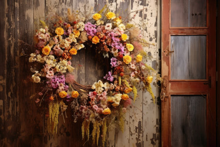 dried flower wreath on a rustic door, created with generative aiの素材