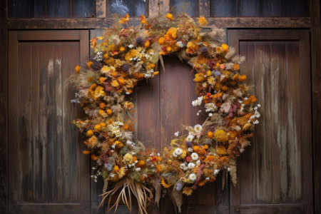 dried flower wreath displayed on a rustic wooden door, created with generative aiの素材