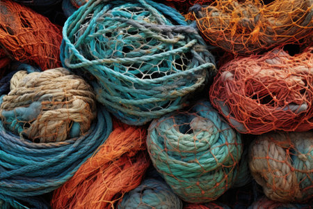 close-up of knots and mesh in drying fishing nets, created with generative aiの素材