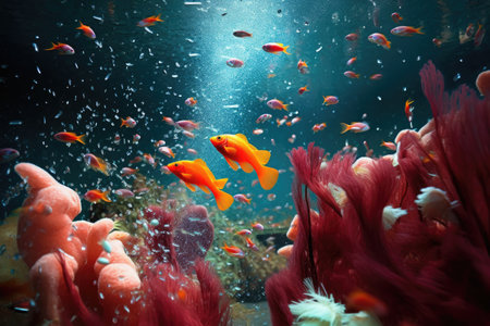 close-up of fish food flakes falling into aquarium water, created with generative aiの素材