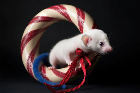 ferret playfully biting and interacting with a flexible tube, created with generative aiの素材