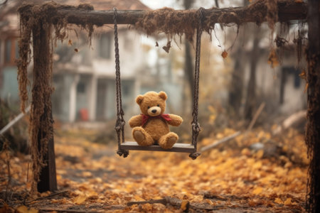 abandoned teddy bear on a swing, gently swaying, created with generative aiの素材