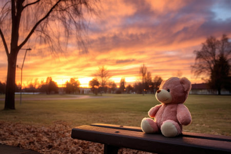 teddy bear left on a park bench at sunset, created with generative aiの素材